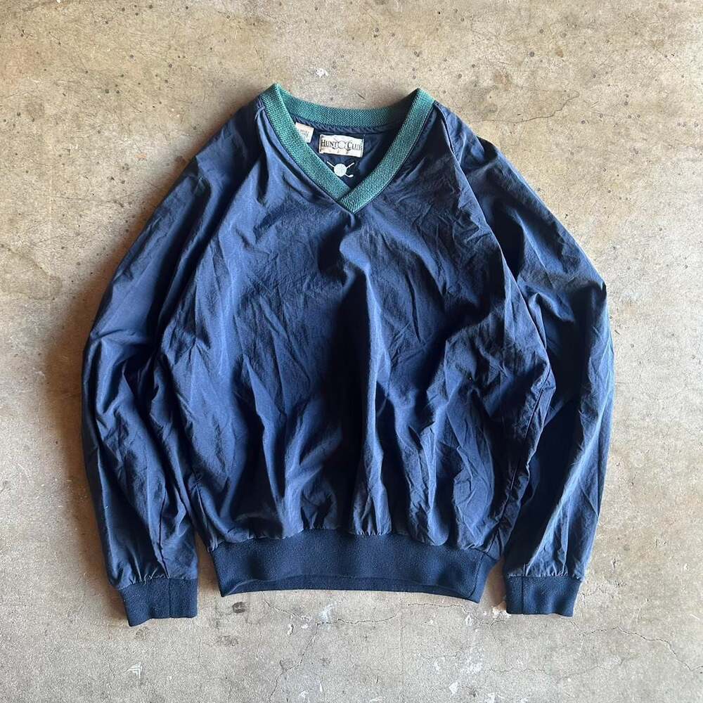 Vintage Hunt Club V-Neck Windbreaker - Navy Blue & Green - Size Large